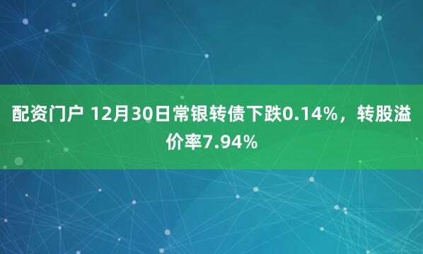 配资门户 12月30日常银转债下跌0.14%，转股溢价率7.94%